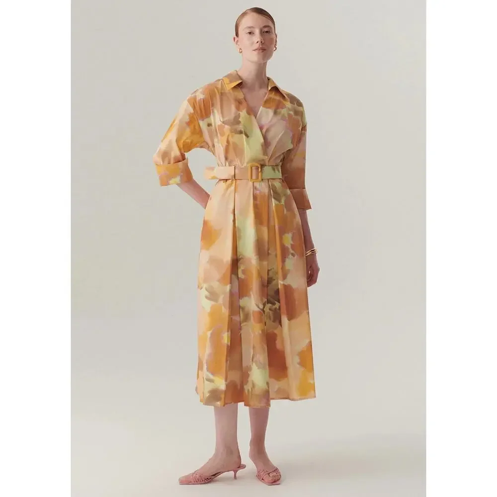Exquise Brooklyn Dress Cotton Yellow Orange Pastels Watercolor Printed